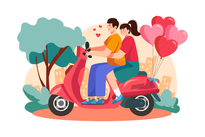 Couple riding together on scooter Illustration