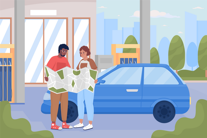 Couple road trip by car  Illustration