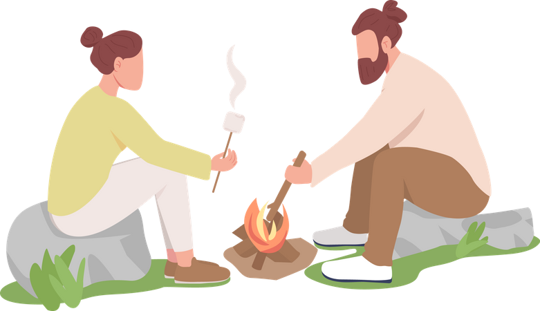 Couple roasting marshmallows on sticks Illustration