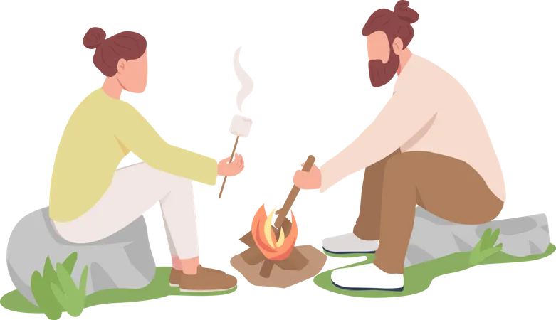 Couple roasting marshmallows on sticks Illustration