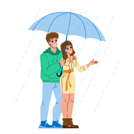 Couple romantique avec parapluie sous la pluie  Illustration