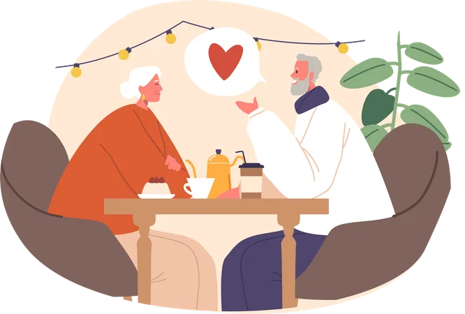 Un couple romantique âgé est assis dans un café confortable, se tenant la main  Illustration