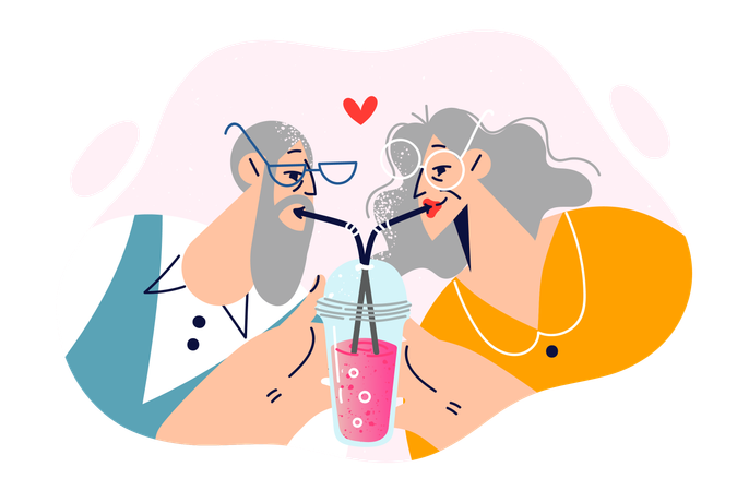 Un couple romantique âgé boit un cocktail avec des pailles dans un verre, montrant son amour et son affection  Illustration