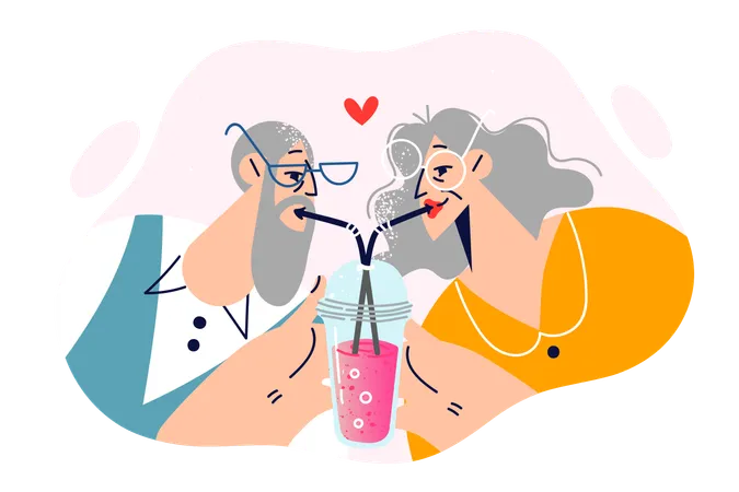 Un couple romantique âgé boit un cocktail avec des pailles dans un verre, montrant son amour et son affection  Illustration