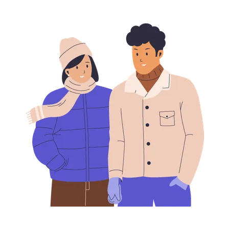 Couple romantique debout ensemble dans une veste d'hiver  Illustration