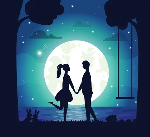 Couple romantique debout près d'une fuite dans la nuit  Illustration