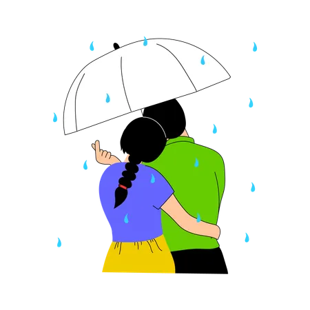 Couple romantique marchant ensemble sous un parapluie pendant la pluie  Illustration