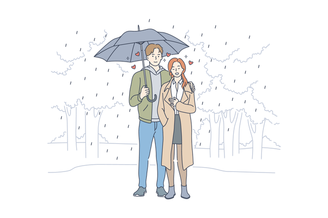 Un couple romantique tient un parapluie  Illustration