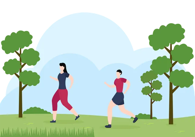 Couple Running In Park Illustration