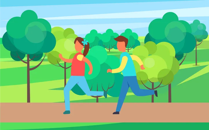 Children Running In Park Vector Cartoon Icon Boy And Girl Jogging On Road Among Trees And Greens Playing Games And Training Sport Theme Badges Illustration