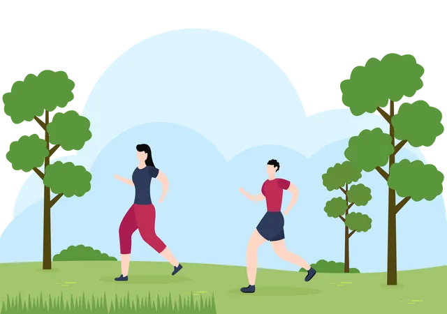 Couple Running In Park  Illustration