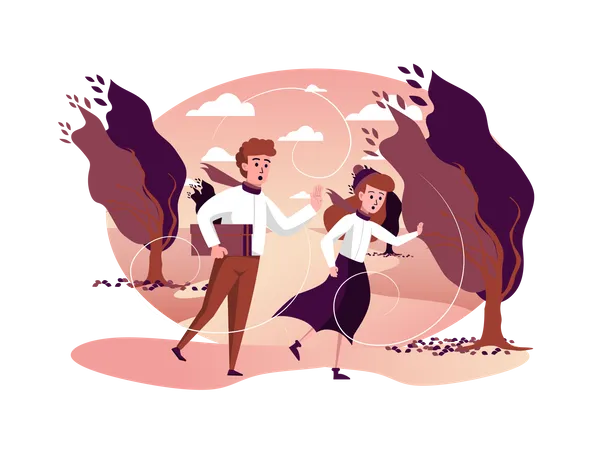 Couple running in storm windy weather in autumn park  Illustration