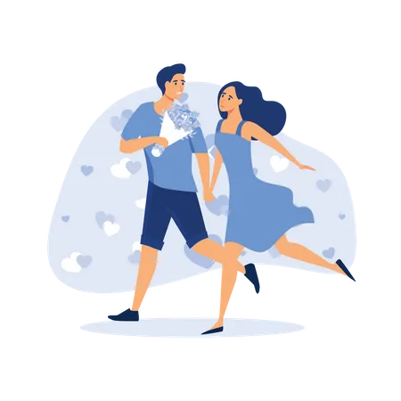 Couple running together on walkway on valentine's day  Illustration