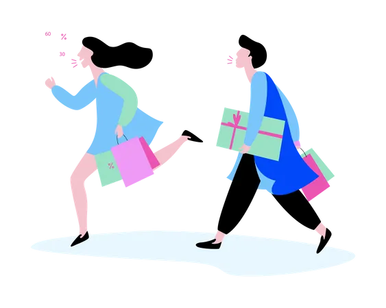 Couple running with shopping bags  Illustration