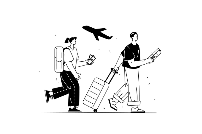 Couple rushes to board plane to travel  Illustration