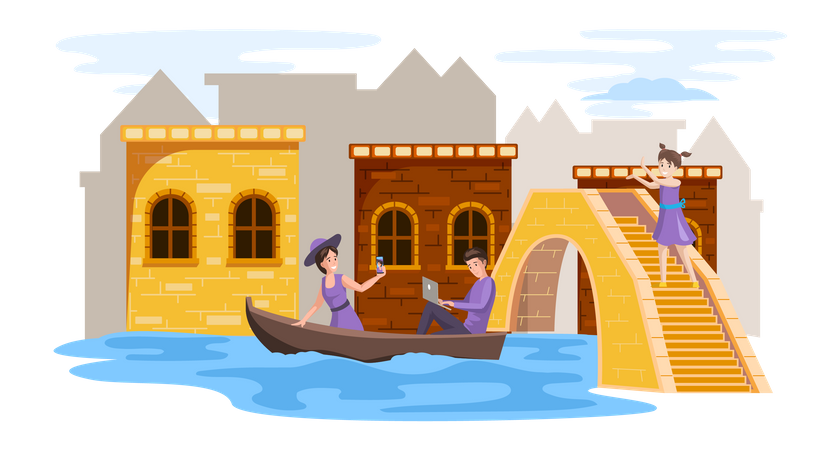Couple sailing in boat and working with laptop remotely Illustration