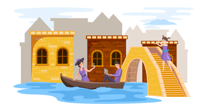 Couple sailing in boat and working with laptop remotely  イラスト