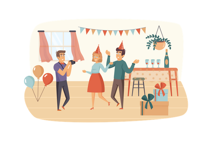 Couple s'amusant à la fête à la maison  Illustration