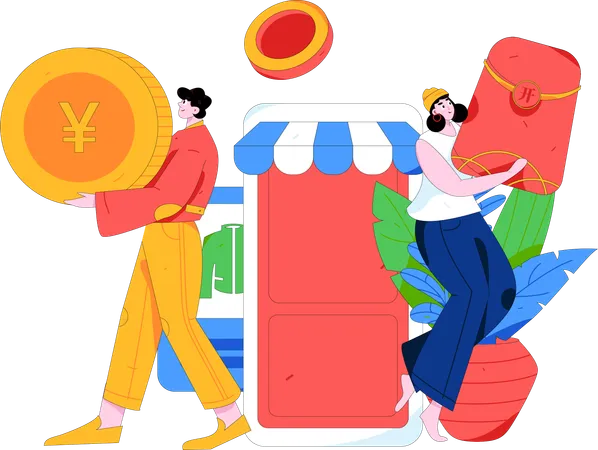 Couple saves money for shopping clothes  Illustration