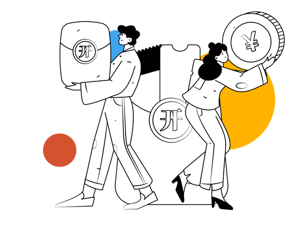 Couple saves yen coins for shopping  Illustration