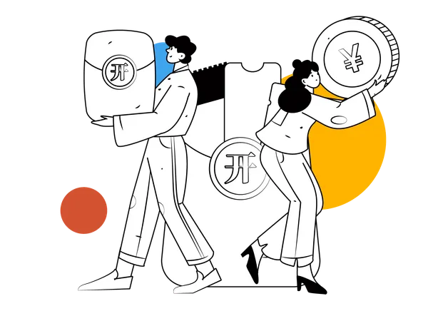 Couple saves yen coins for shopping  Illustration