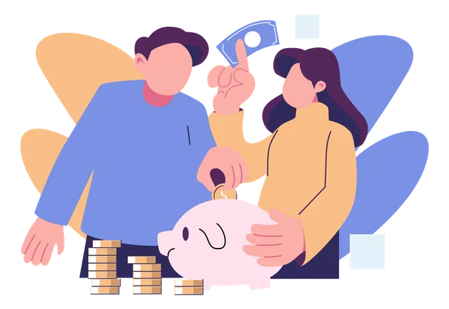 Two Couples Save Funds Together Investment Metaphore Partnership Simbol Flat Style Illustration Vector Illustration