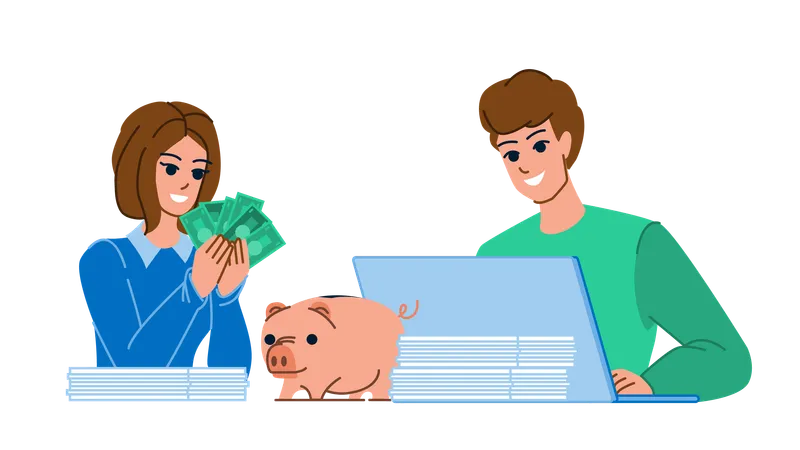 Couple Finance Vector Woman Man Laptop Home Young Budget Happy Money Family Tax Computer Couple Finance Character People Flat Cartoon Illustration Illustration