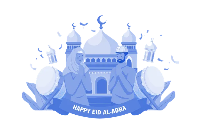 Couple Saying Happy Eid Illustration Concept On White Background Illustration