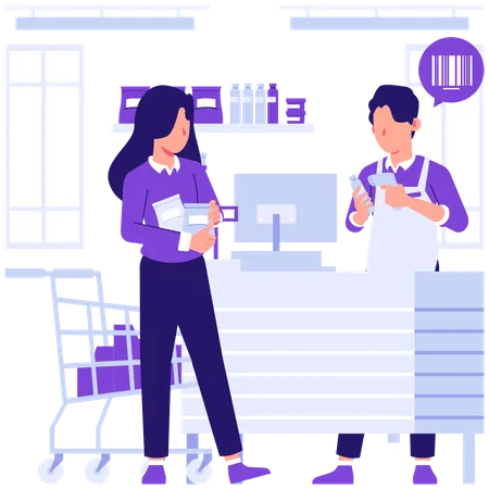 Couple scans barcode for shopping bill payment Illustration