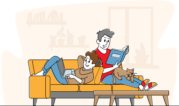 Couple se détendre ensemble à la maison assis sur un canapé avec un livre et un ordinateur portable  Illustration