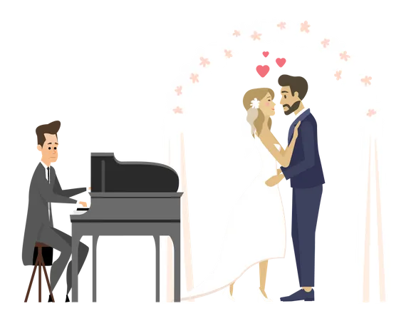 Couple se mariant pendant qu'un pianiste joue à côté  Illustration