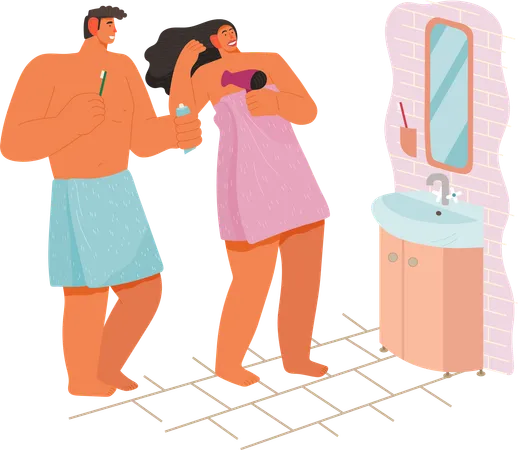 Couple se préparant ensemble dans la salle de bain  Illustration