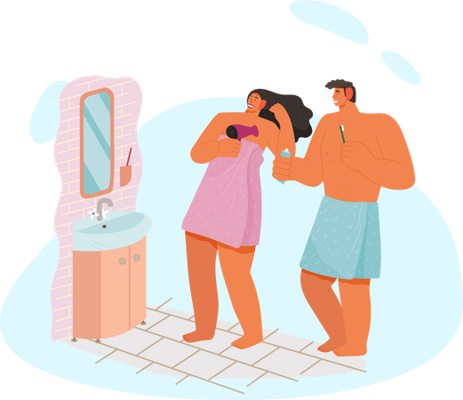 Couple se préparant ensemble dans la salle de bain  Illustration