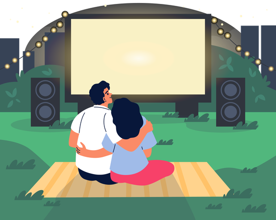 Couple se reposant sur la pelouse et regardant un film sur grand écran  Illustration