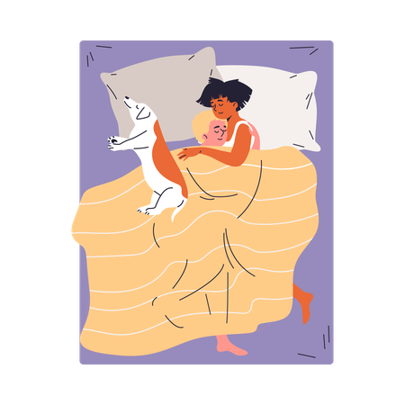 Couple se serrant dans ses bras sous la couverture allongé sur le lit avec un animal de compagnie  Illustration