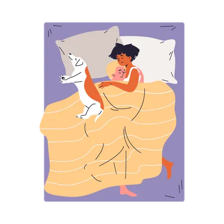 Couple se serrant dans ses bras sous la couverture allongé sur le lit avec un animal de compagnie  Illustration