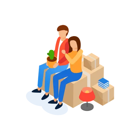 Couple seating on boxes while shifting house Illustration