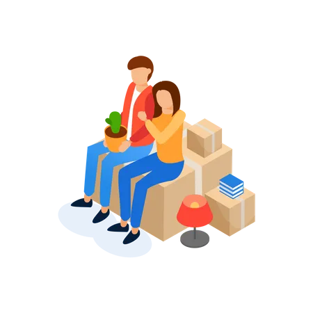 Couple seating on boxes while shifting house  Illustration