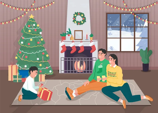Family On Festive Holidays Flat Color Vector Illustration Son Gets Surprise Christmas Season Winter Holiday Celebration Parents With Child 2 D Cartoon Characters With Home Interior On Background Illustration