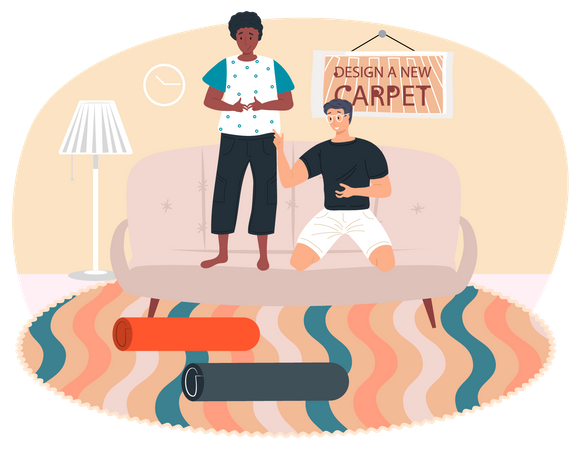 Couple selecting carpet according to interior design Illustration