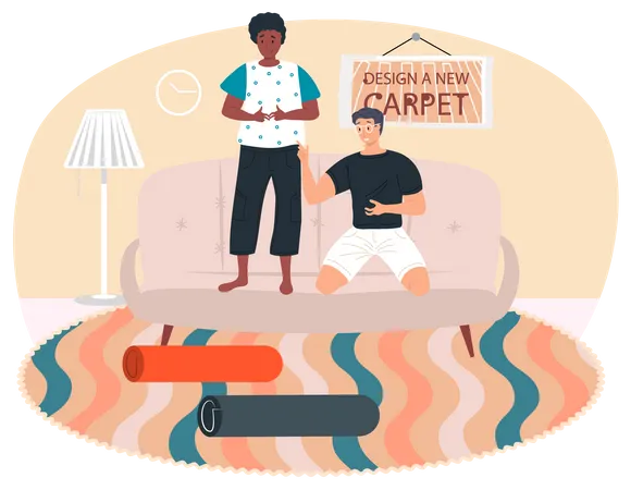 Couple selecting carpet according to interior design Illustration
