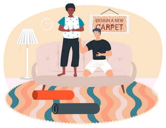 Couple selecting carpet according to interior design  Illustration