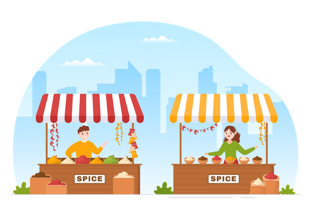 Couple selling spice at street stall Illustration