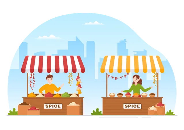 Couple selling spice at street stall Illustration