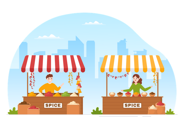 Couple selling spice at street stall  Illustration