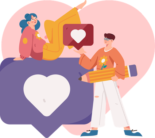 Couple sending hearts to each other  Illustration