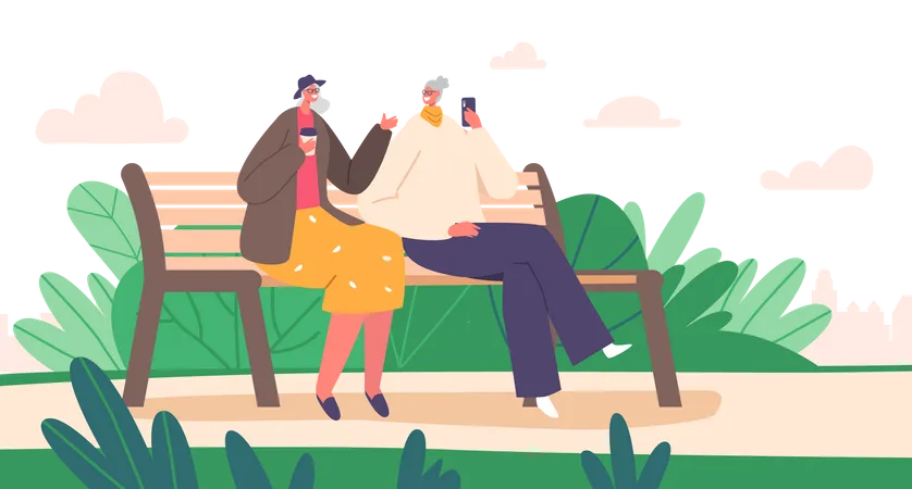 Couple de personnes âgées assis dans le parc  Illustration