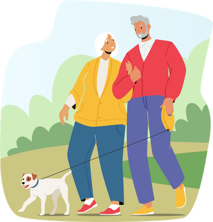 Couple de personnes âgées à pied avec un chien au parc  Illustration