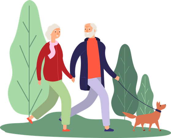 Couple de personnes âgées marchant avec un chien  Illustration