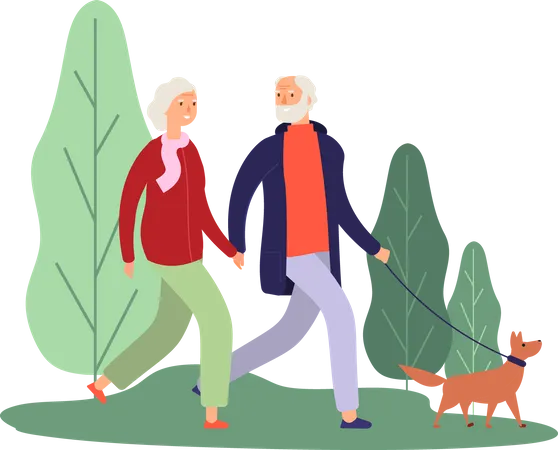Couple de personnes âgées marchant avec un chien  Illustration